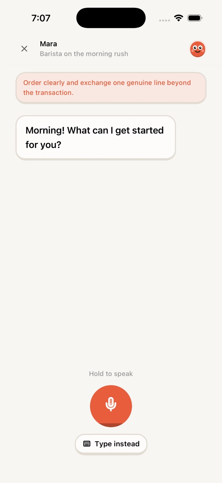 Prosody conversation screen: Mara, barista on the morning rush, says "Morning! What can I get started for you?"