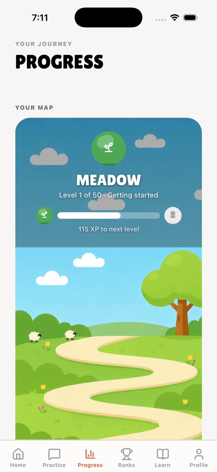 Prosody progress screen: the Meadow map, level 1 of 50, with XP to the next level