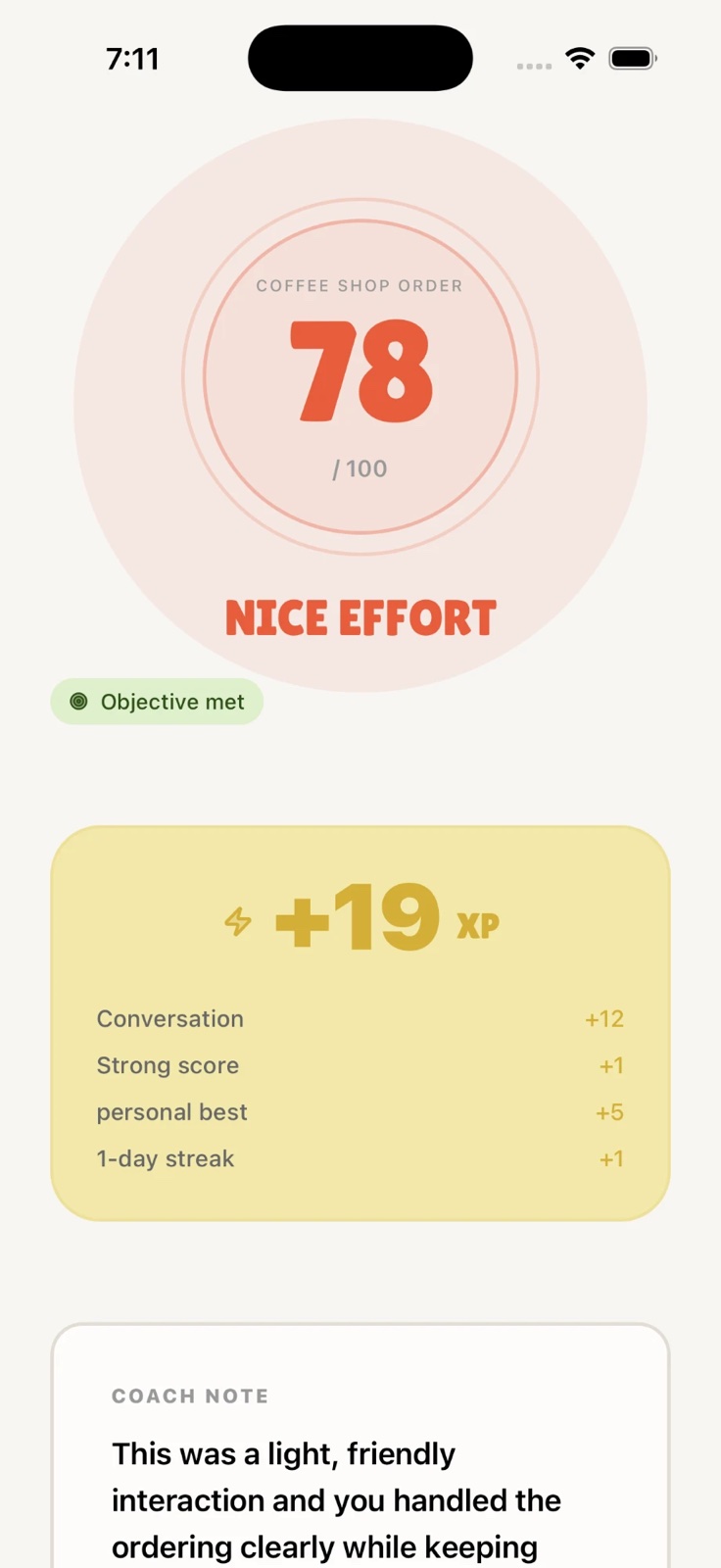 Prosody results screen with a score of 78 out of 100 and the objective met