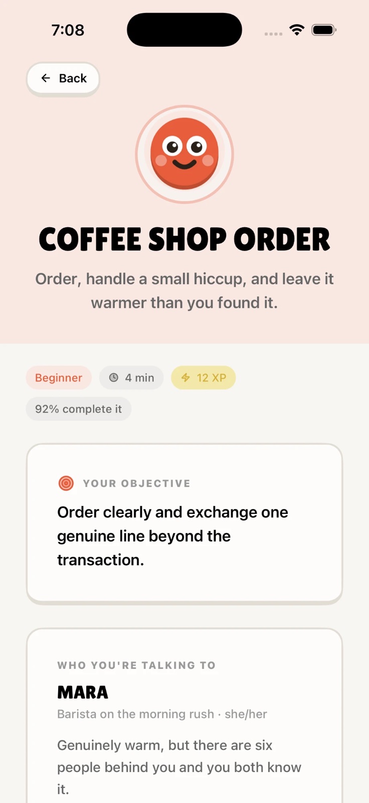 Prosody scenario screen for Coffee shop order, showing your objective and who you're talking to
